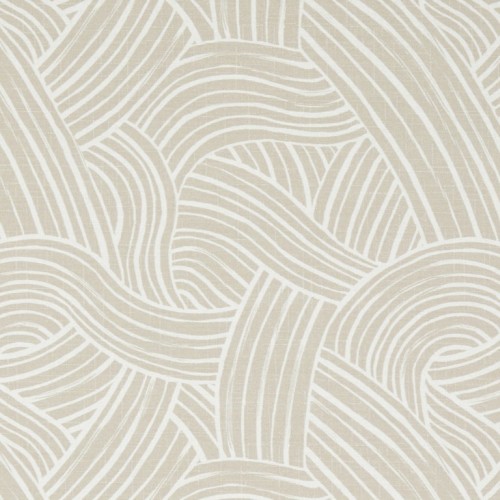 Beige and white striped woven-pattern wallpaper covering the entire surface; undulating, overlapping ribbon-like bands form a textured wave motif in a well-lit, neutral interior wall.