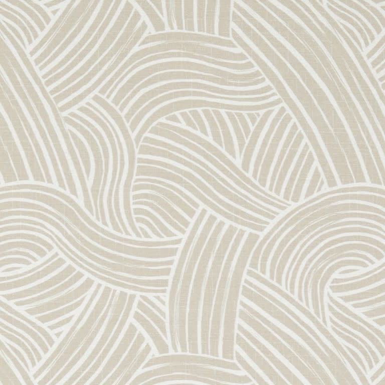 Beige and white striped woven-pattern wallpaper covering the entire surface; undulating, overlapping ribbon-like bands form a textured wave motif in a well-lit, neutral interior wall.