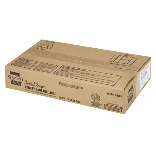 SPECIAL RECIPE(r) Sausage, Turkey, Link, 160/1 oz, 10 lb . C1RA - Front Right Closed Case (Hi Res)