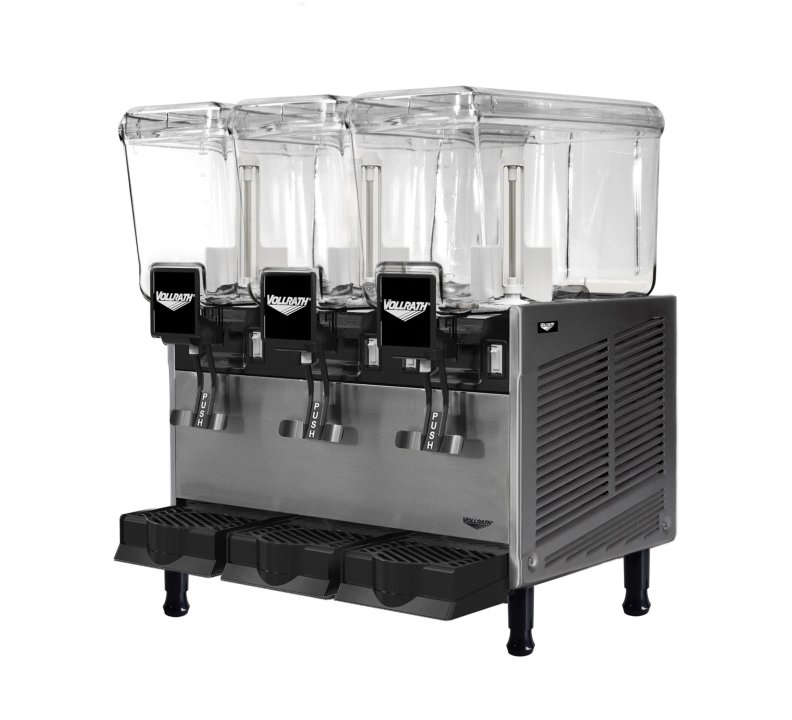 Refrigerated beverage dispenser with three 3.17-gallon bowls and stirring paddle circulation