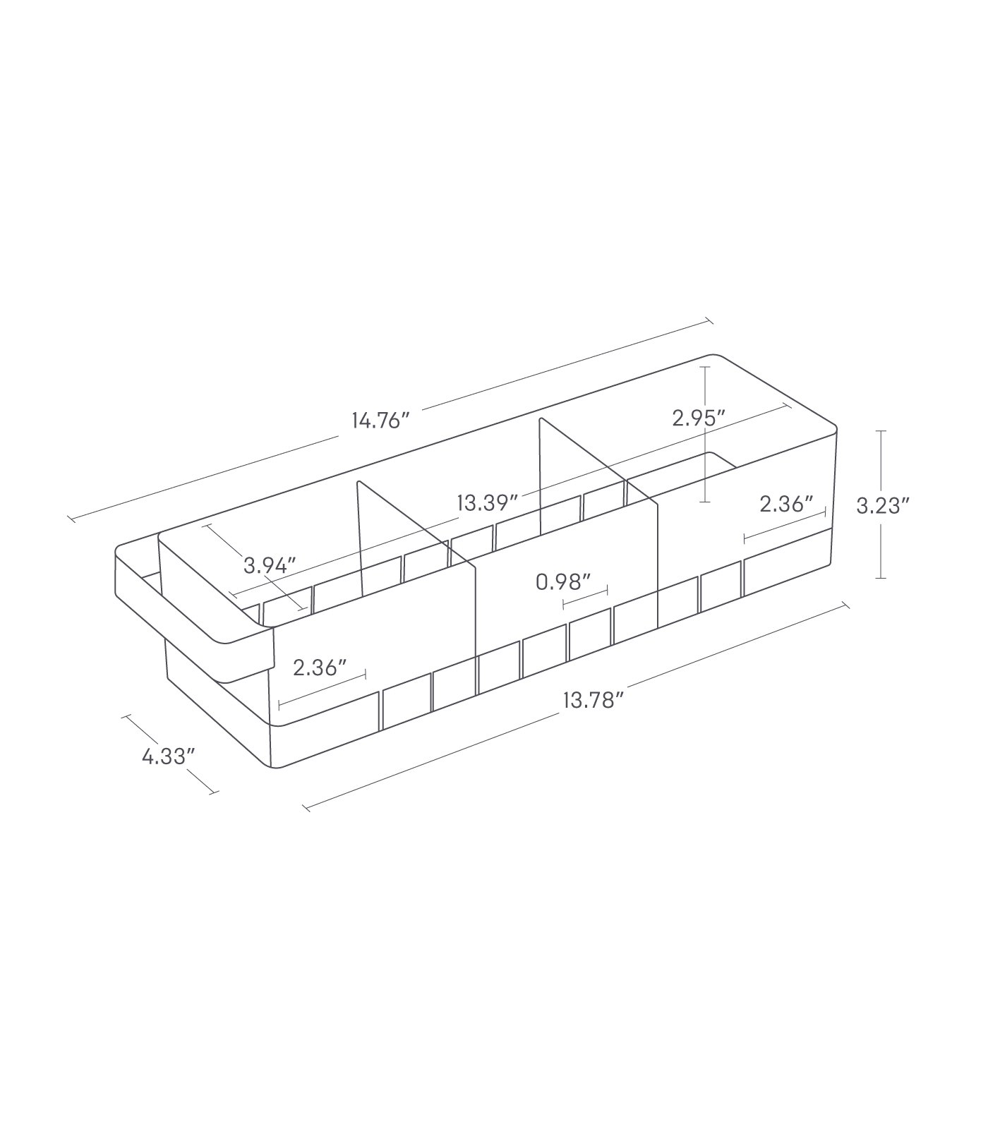 Dimension Image for Refrigerator Organizer on a white background showing length of 14.76 inches, bottom length of 13.78 inches, width of 4.33 inches, height of 3.23 inches, internal width of 3.94 inches, internal length of 13.39 inches, front and back notch length of 2.36 inches, middle notch length of .98 inches, internal height of 2.95 inches, and section length of 2.95 inches.