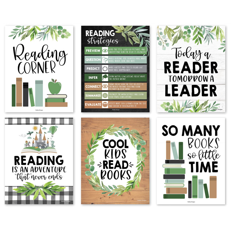Farmhouse Greenery Reading Posters For Classroom Library Decor, Set of 6