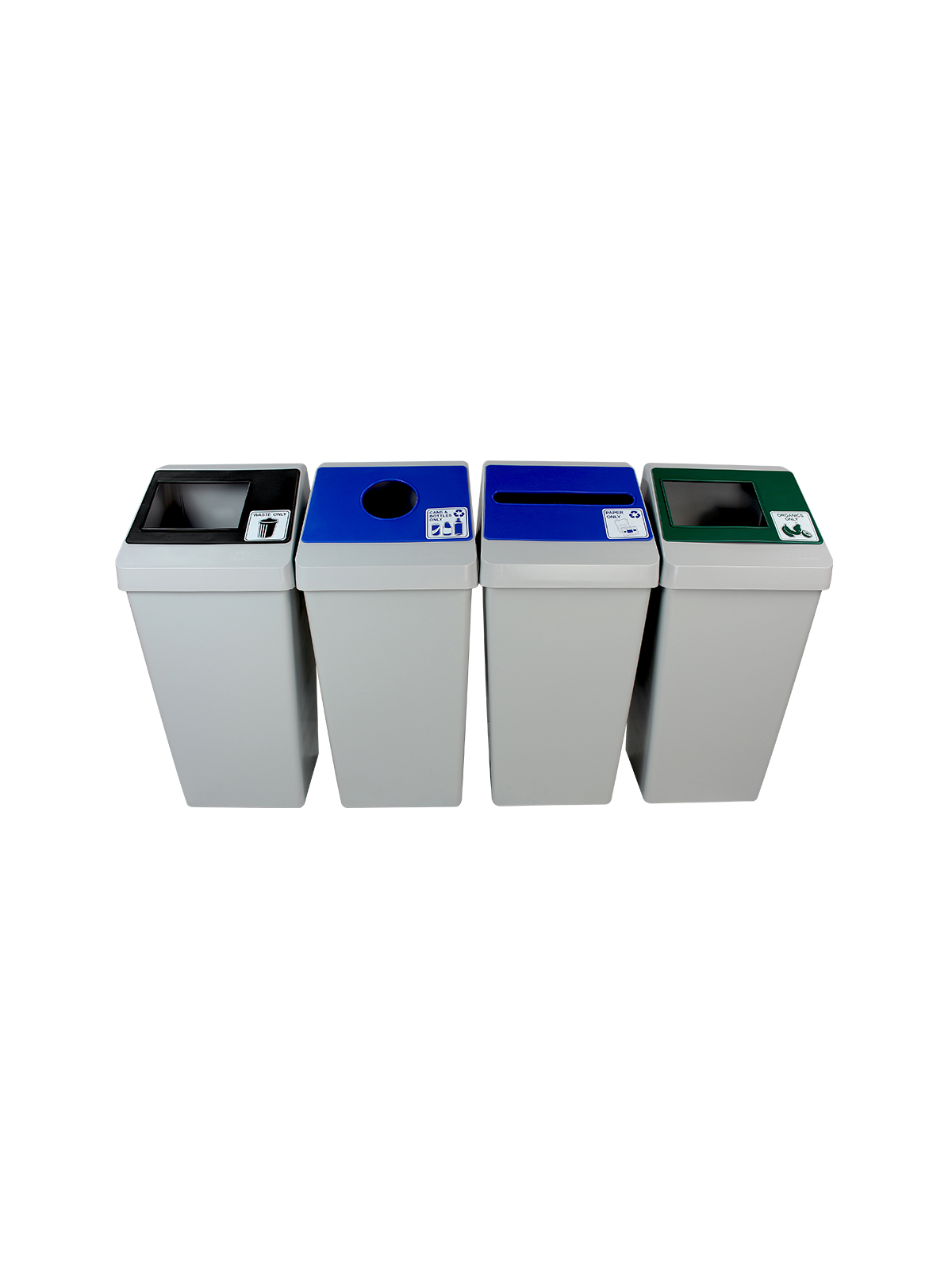 SMART SORT – Quad – Kit – Cans & Bottles-Paper-Organics-Waste – Circle-Slot-Full – Grey-Blue-Blue-Green-Black