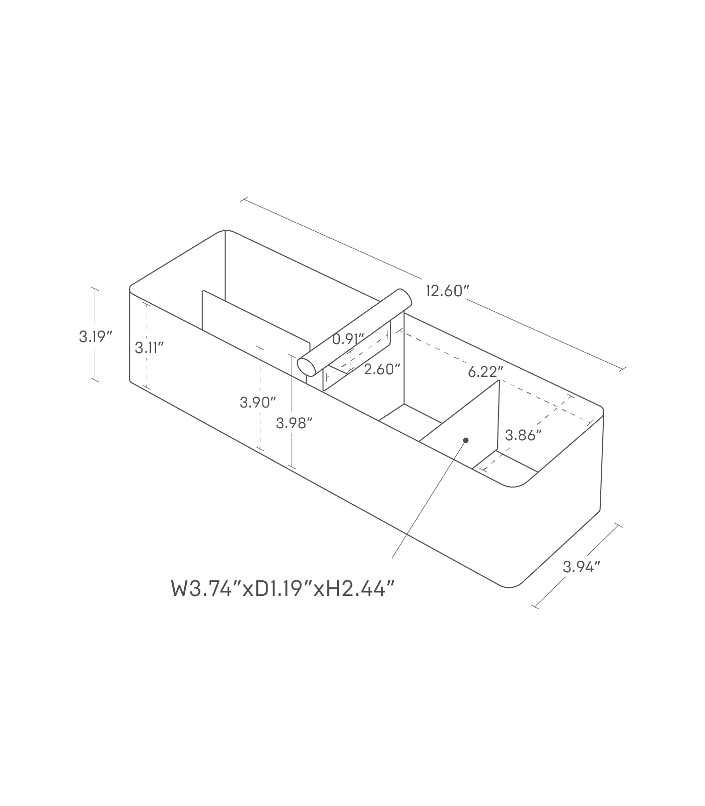 Dimension image for Slim Storage Box with a divider dimensions: width is 3.74", depth is 1.19", and height is 2.44". The total length is 12.60". The compartment heights vary at 3.11", 3.19", and 3.86". The compartment widths are 3.90", 3.98", and 6.22". The handle is 0.91" wide and 2.60" long.