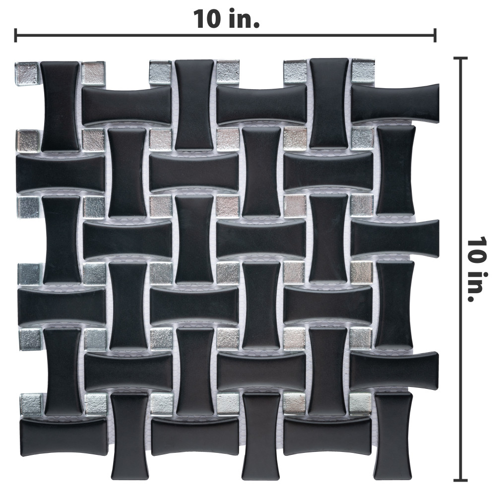 Metro Dog Bone Basketweave Matte Black w/Glass Silver Dot 10 in. x 10 in. Porcelain Mosaic Tile