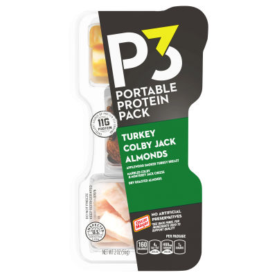 P3 Portable Protein Pack Turkey, Almonds Colby Jack Cheese, for a Low Carb Lifestyle, 2 oz Tray