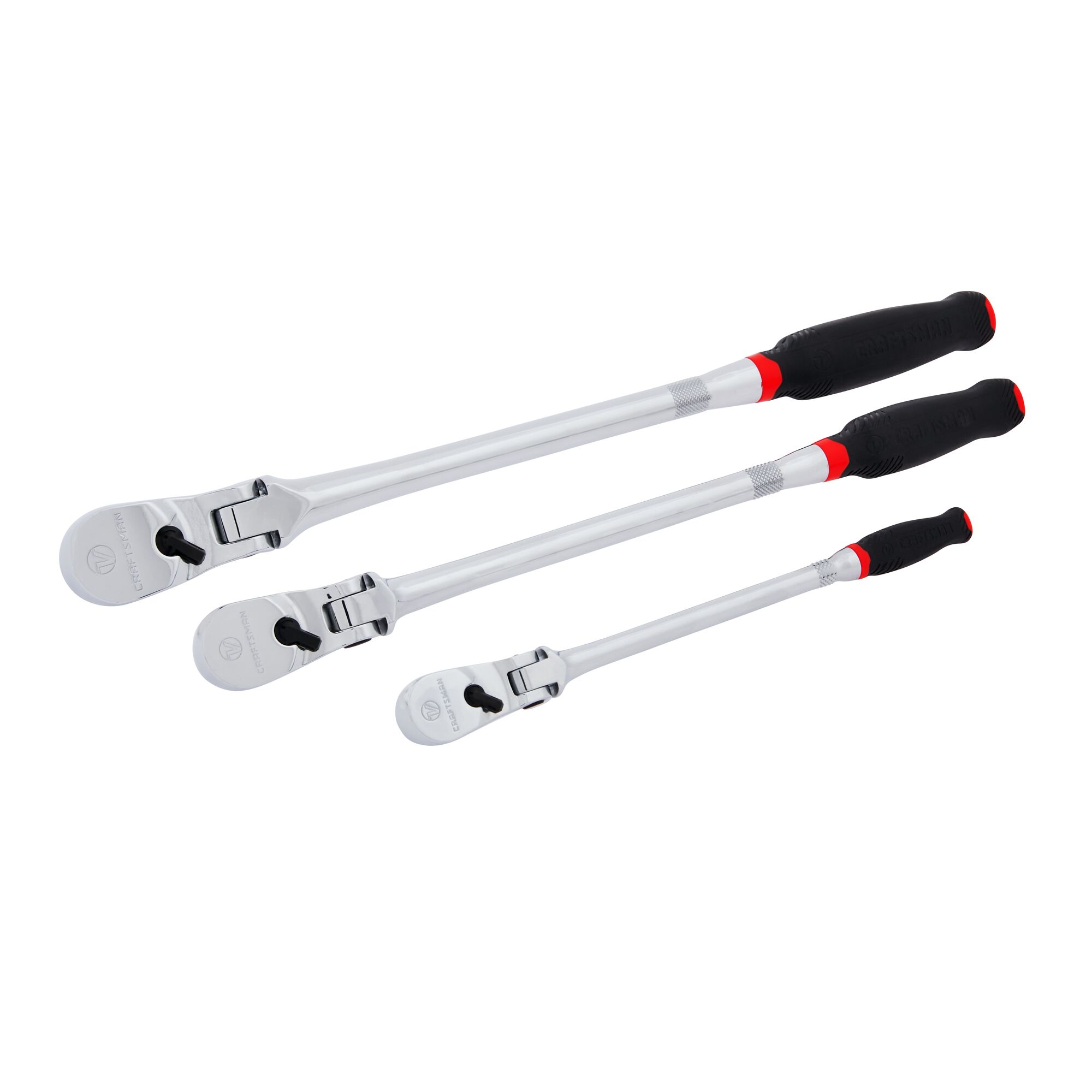 Right profile of V series quarter inch three eighth inch and half inch drive comfort grip long flex head ratchet. 3 pack