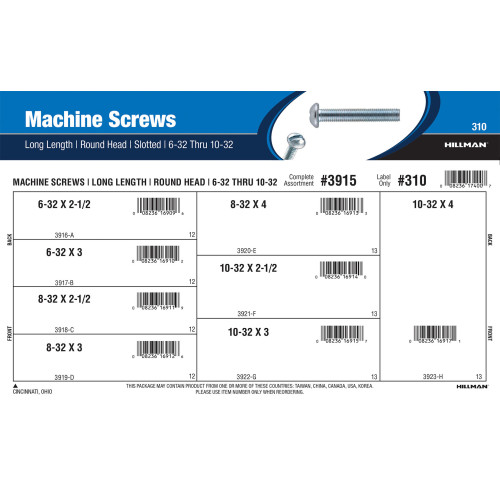 Slotted Round-Head Long Length Machine Screws Assortment (#6-32 thru #10-32)