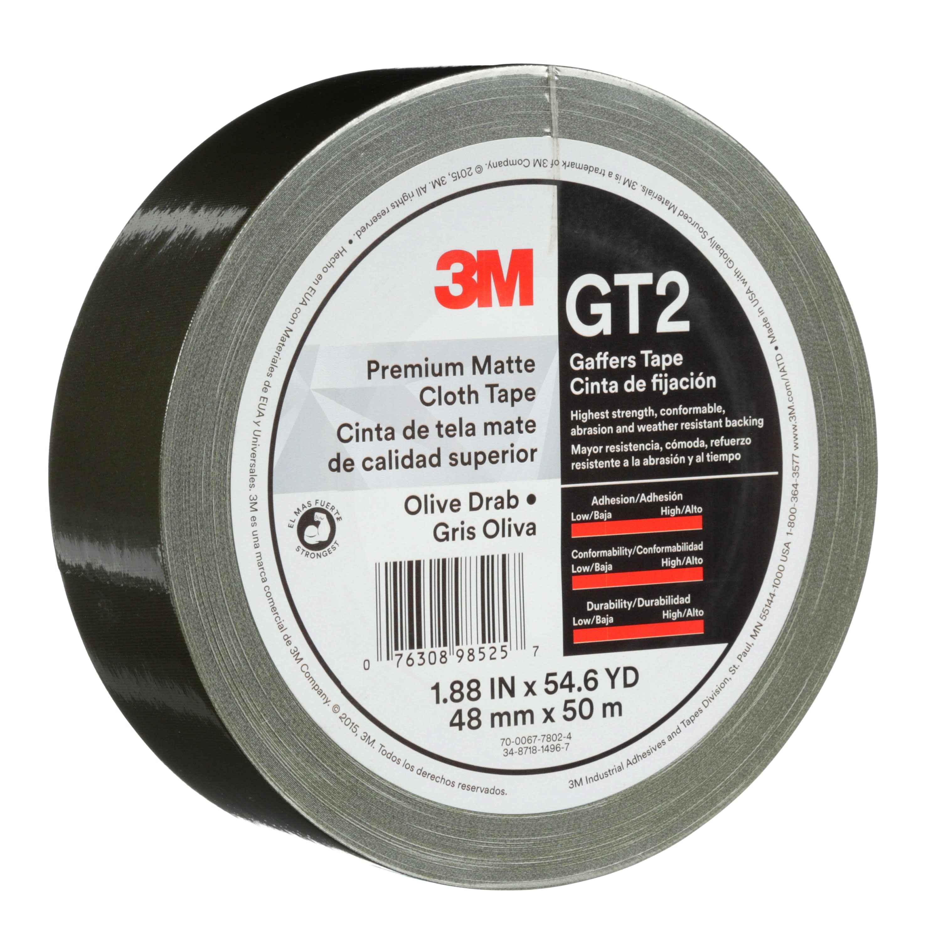 3M™ Premium Matte Cloth (Gaffers) Tape GT2, Olive Drab, 48 mm x 50 m, 11
mil, 24 per case