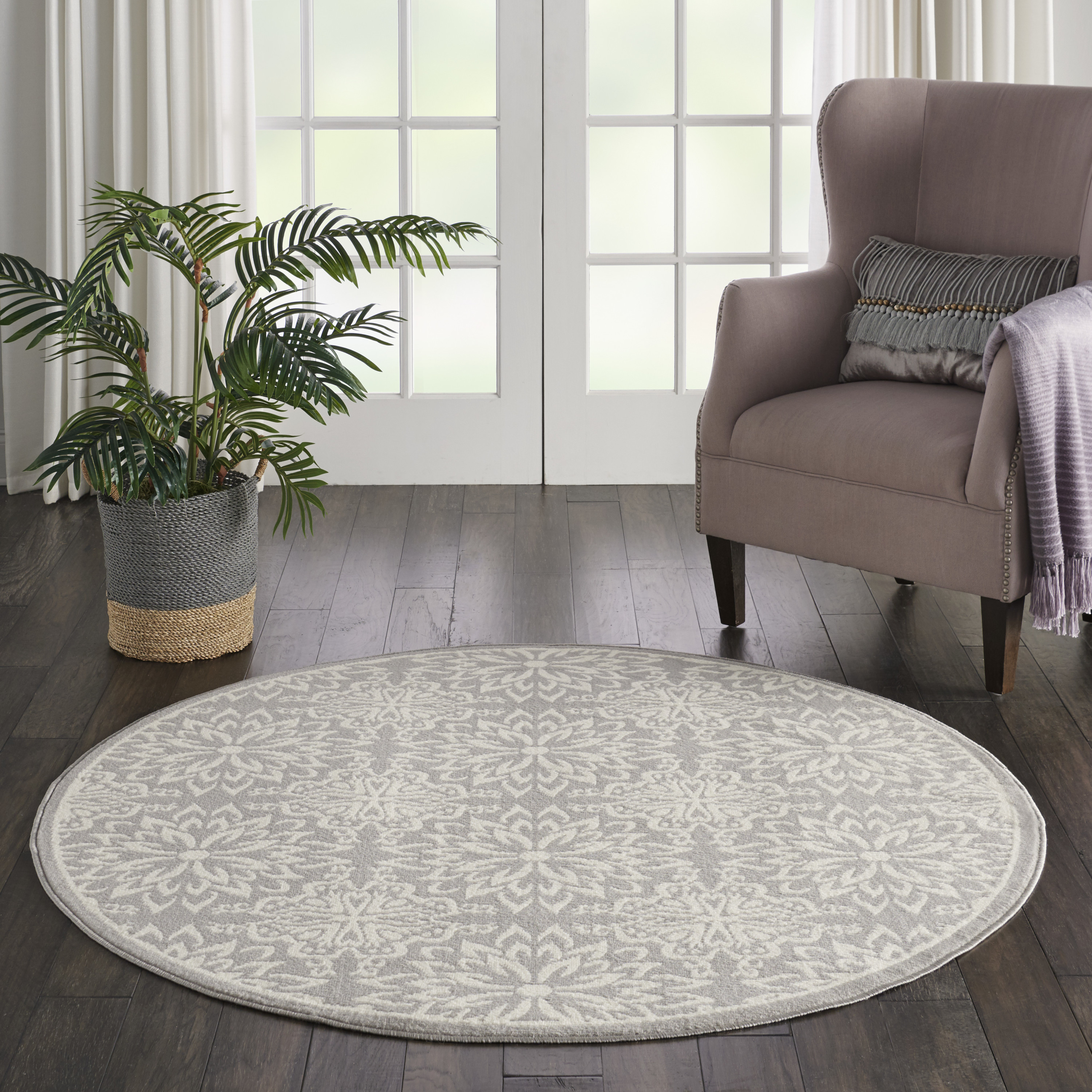 Nourison Jubilant 5'3" x Round Ivory Grey Farmhouse Indoor Rug