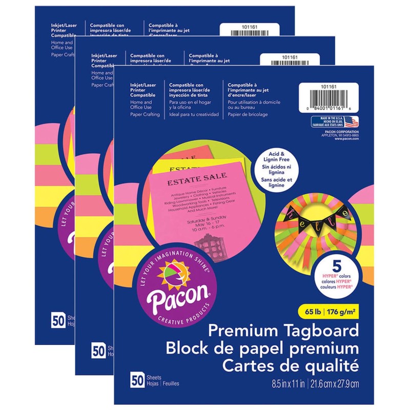 Premium Tagboard, 5 Assorted Hyper Colors, 8-1/2" x 11", 50 Sheets Per Pack, 3 Packs