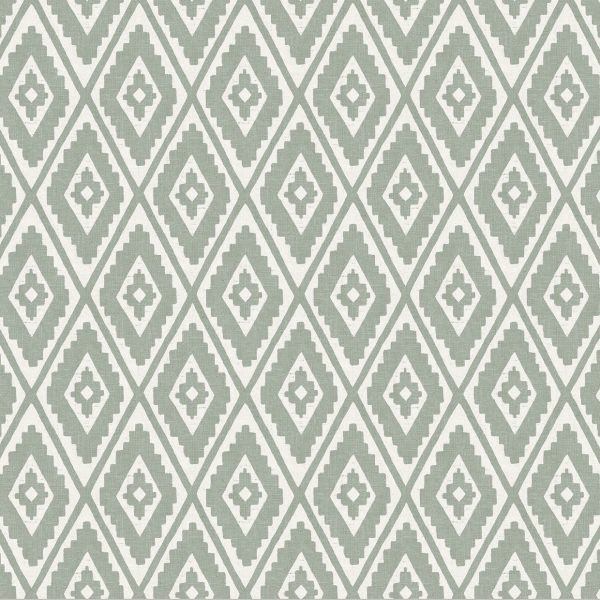 Woven textile or wallpaper with pale green and white stepped-diamond (ikat) pattern â€” repeating across the surface â€” used as decorative wallcovering or upholstery in a neutral, evenly lit interior.