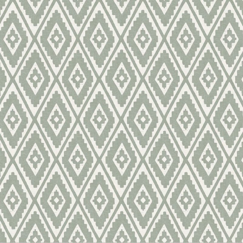 Woven textile or wallpaper with pale green and white stepped-diamond (ikat) pattern â€” repeating across the surface â€” used as decorative wallcovering or upholstery in a neutral, evenly lit interior.