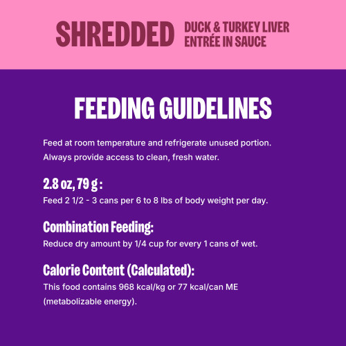 <p>Feed according to the age, size, and activity of your cat. Feed at room temperature and refrigerate unused portion. Always provide access to clean, fresh water. 									</p>
<p>Feed 2 1/2 – 3 cans per 6 to 8 lbs of body weight per day.<br />
Combination Feeding: Reduce dry amount by 1/4 cup for every 1 can of wet.									</p>
