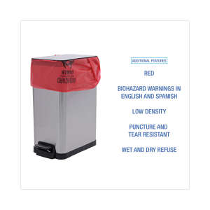 Boardwalk,  LLDPE Liner, 16 gal Capacity, 24 in Wide, 32 in High, 1.3 Mils Thick, Red