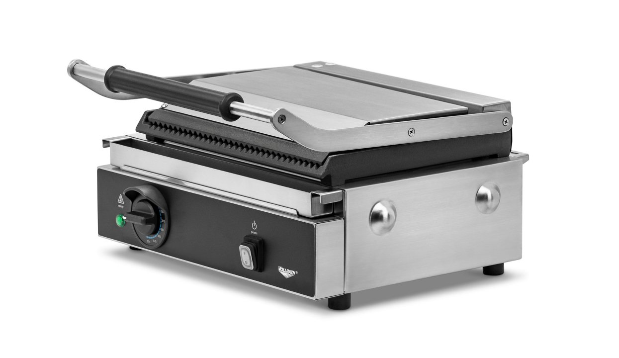 120-volt single panini sandwich grill with cast-iron grooved plates and NEMA 5-15P Plug