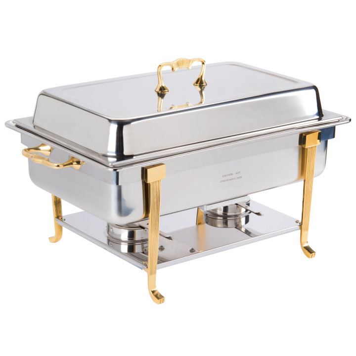 9-quart 120-volt electric chafer with classic brass trim and long-side receptacle