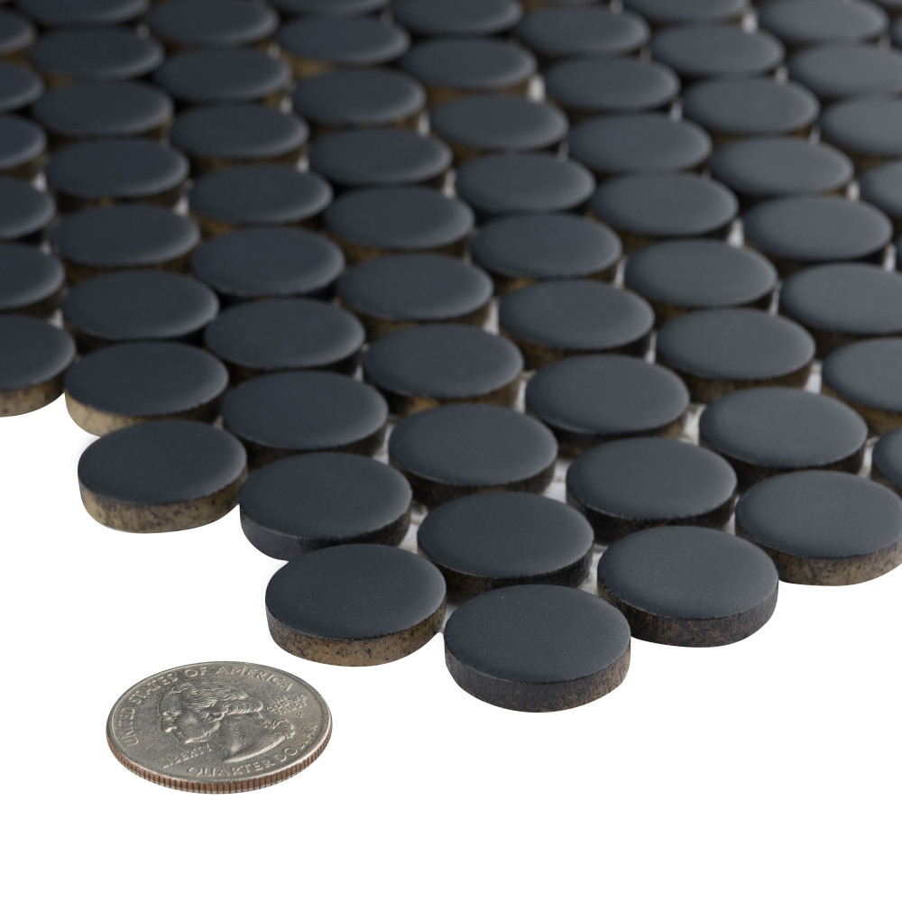 Hudson Penny Round Matte Black 11-7/8 in. x 12-5/8 in. Porcelain Mosaic Tile