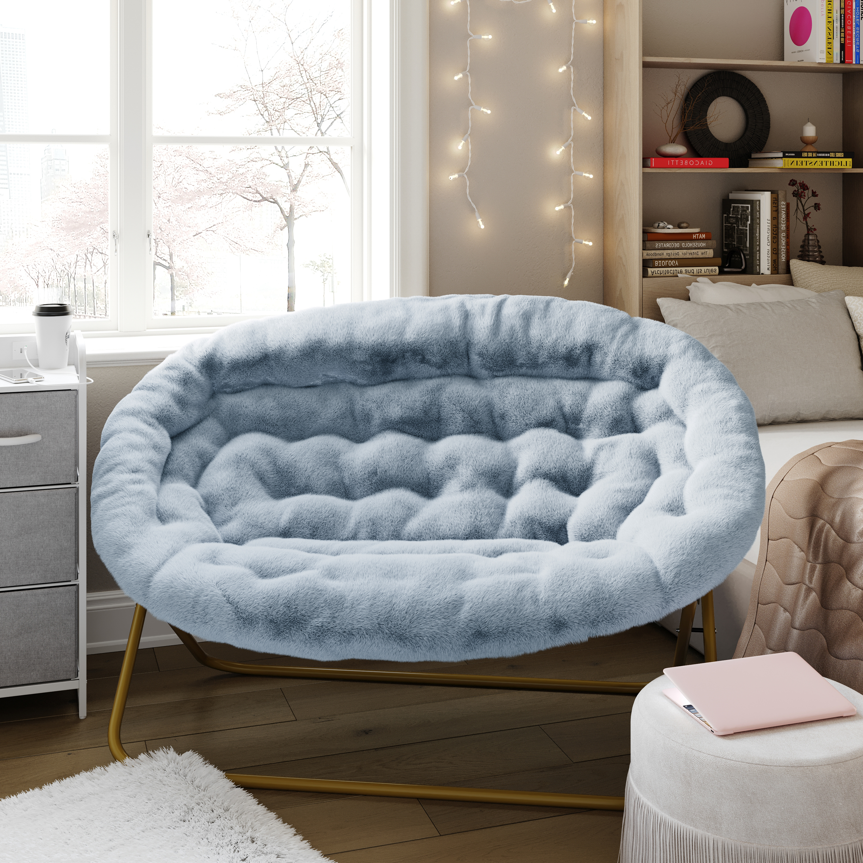 Janey Folding Double Saucer Chair in Gray Faux Fur with a Soft Gold Steel Fra... - Picture 24 of 47