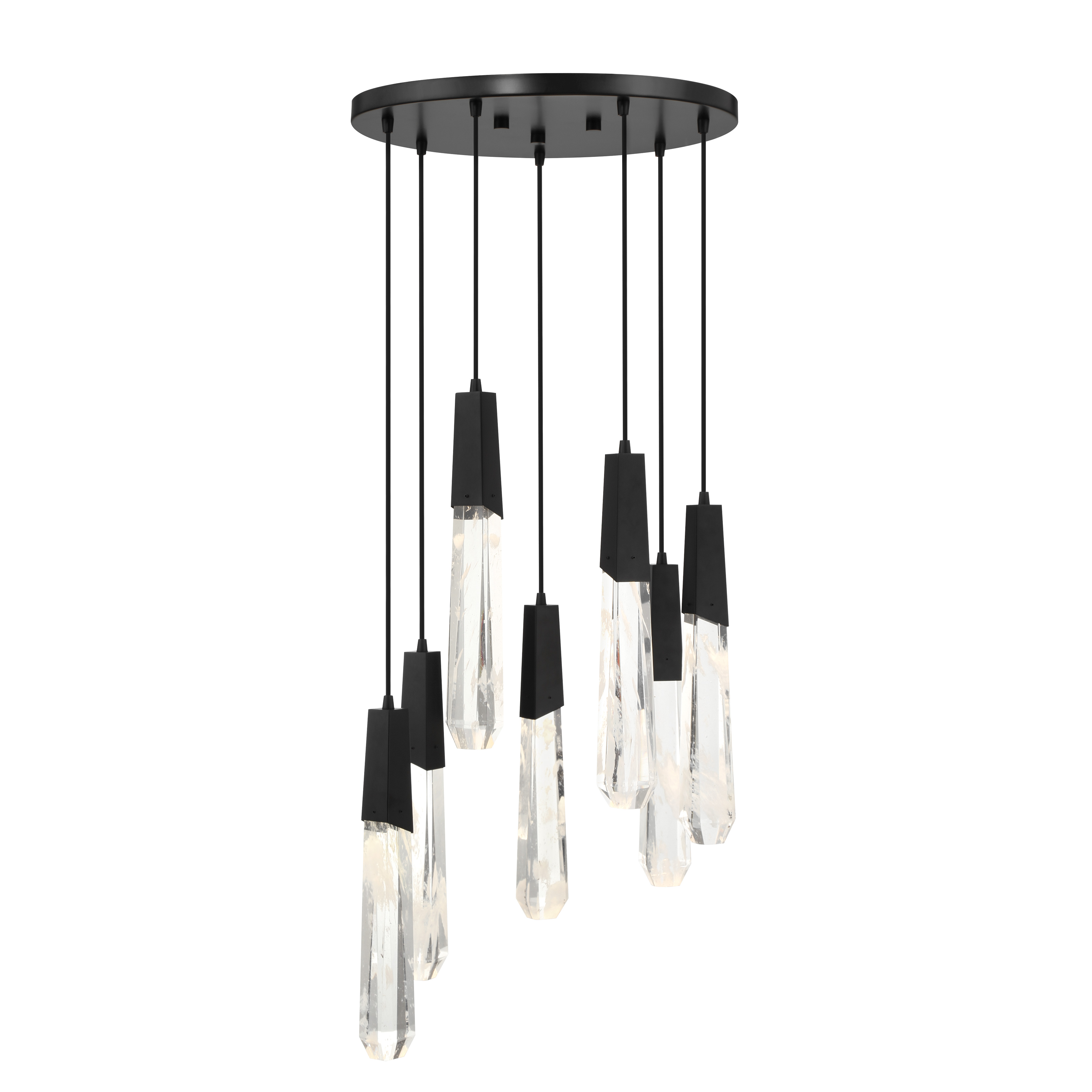 The Drifting Droplets pendant combines organic crystal elements with a bold coal black finish, creating a striking focal point. Its 20-inch diameter and integrated LED technology make it both energy-efficient and visually impactful. - alternate view