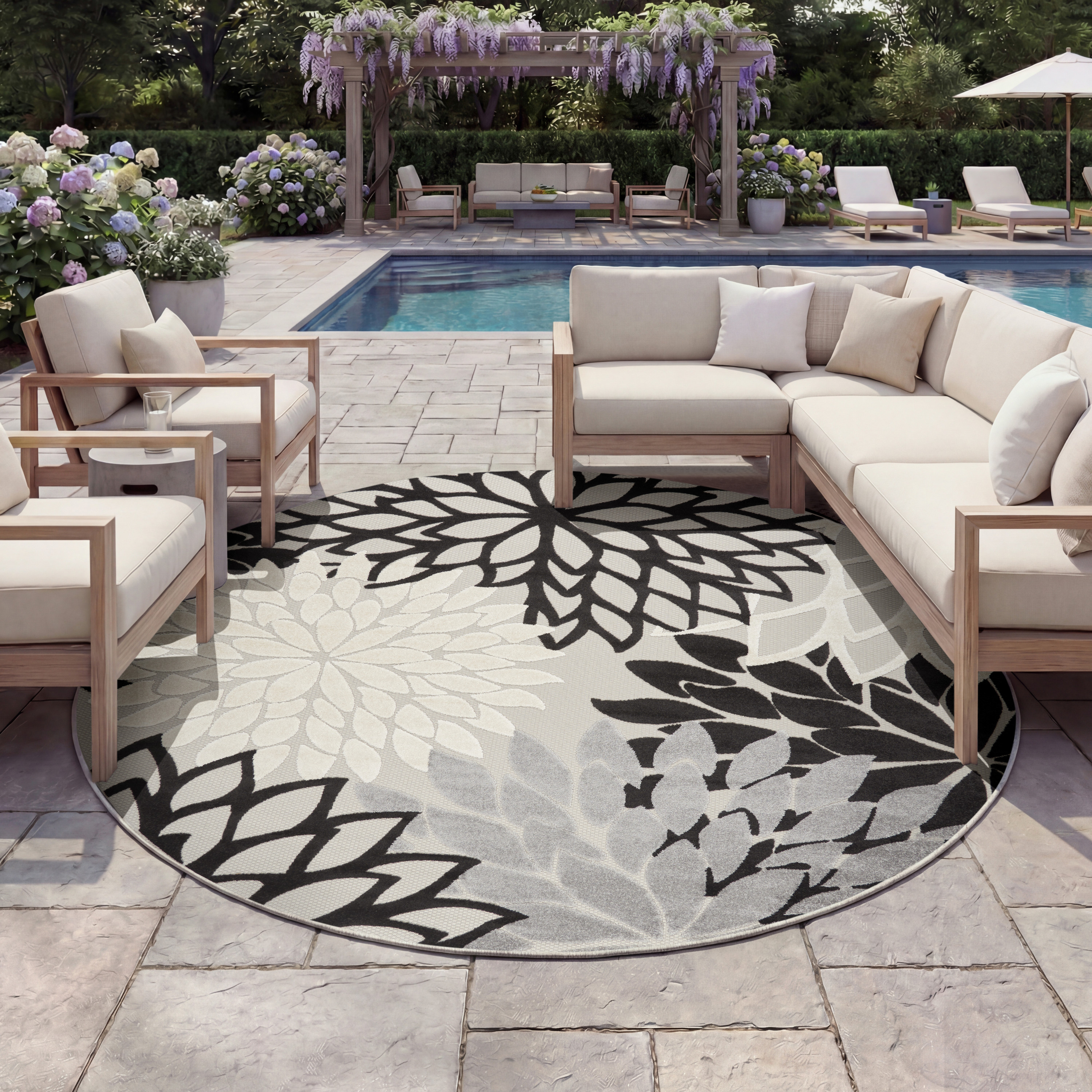 Nourison Aloha 7'10" x Round Black White Tropical Rug