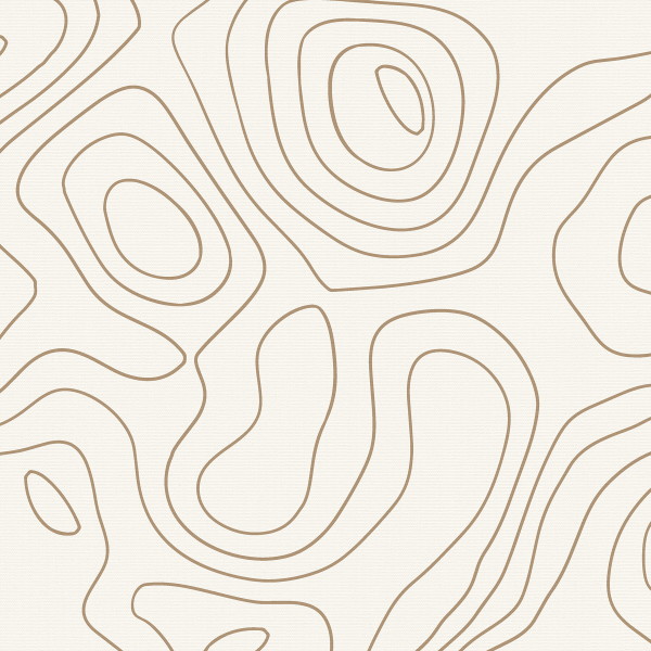 Brown contour lines trace flowing, concentric organic shapes across a cream, subtly textured background, resembling a topographic map or abstract wood-grain pattern.