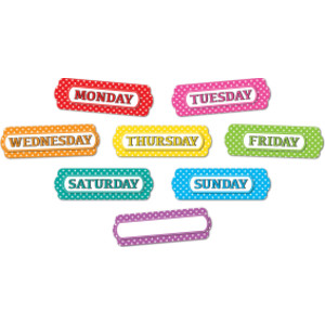 Magnetic Die-Cut Timesavers & Labels, Days of the Week, White Polka Dots On Assorted Colors, 8 Pieces