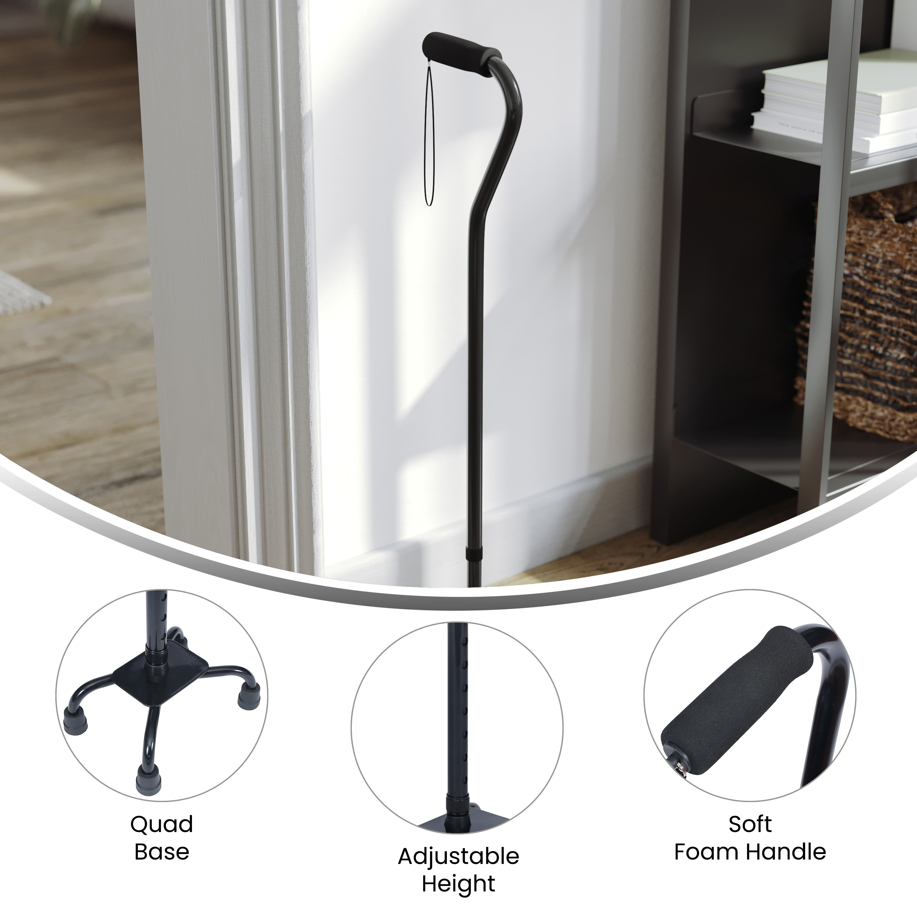 HERCULES Adjustable Quad Cane with Comfort Grip Foam Padded Handle, Large 4-P...