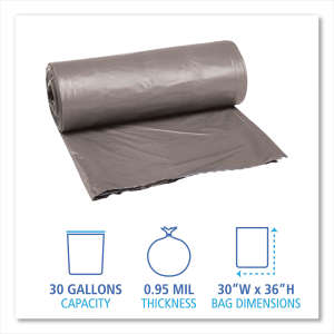 Boardwalk,  LLDPE Liner, 30 gal Capacity, 30 in Wide, 36 in High, 0.95 Mils Thick, Gray