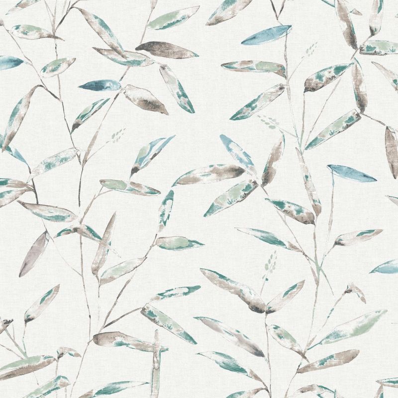 Watercolor bamboo leaves on thin stems—teal, green and brown—repeat and cover an off-white textured surface, serving as decorative wallpaper or fabric in soft, neutral tones.