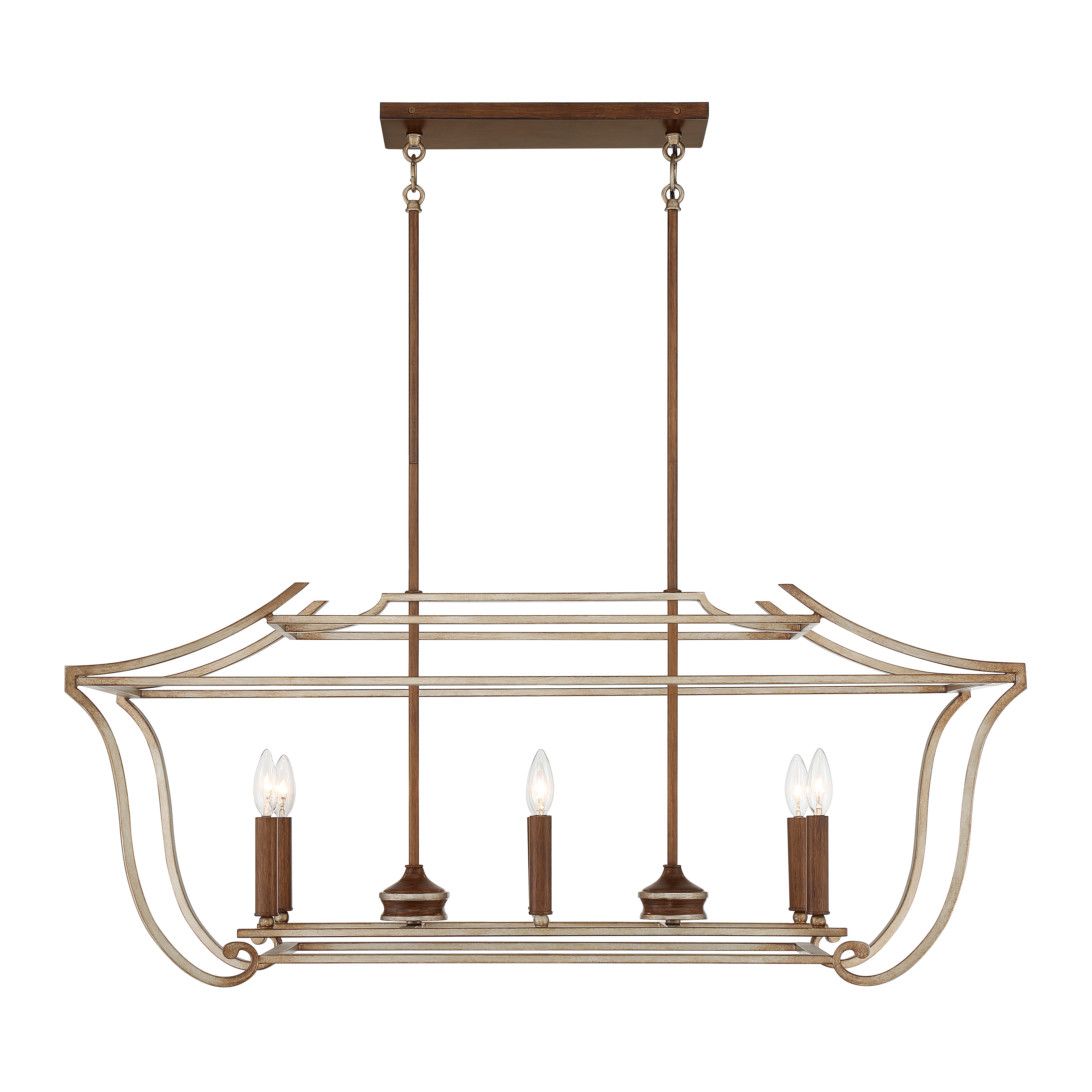 The Magnolia Manor brings timeless elegance to kitchen islands and dining spaces with its distinctive pale gold and distressed bronze finish. Six candelabra lights provide ample illumination while the traditional design adds sophisticated character. - alternate view