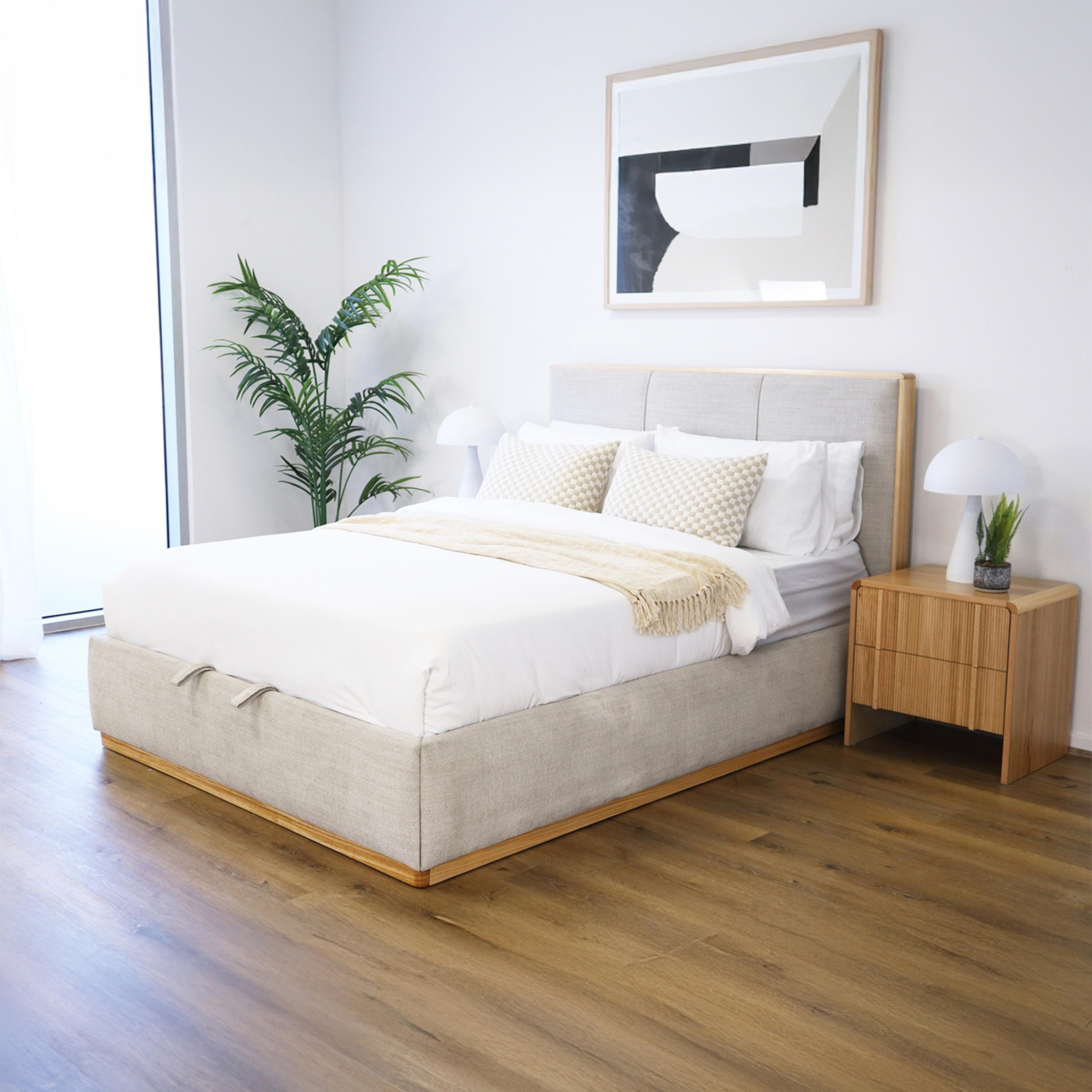 Lifestyle image of the  Bowen Bed Frame, Gas Lift Base, Natural from Forty Winks
