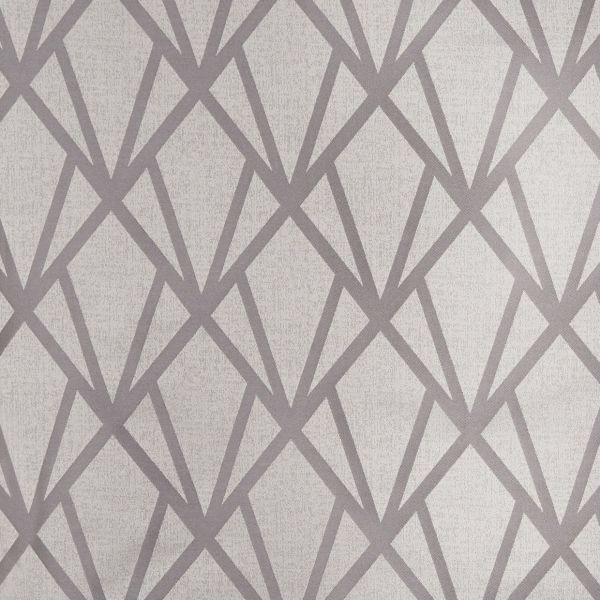 Textured wallpaper with overlapping angular taupe lattice lines repeating across a light gray surface, covering an interior wall in a close-up view under neutral lighting.