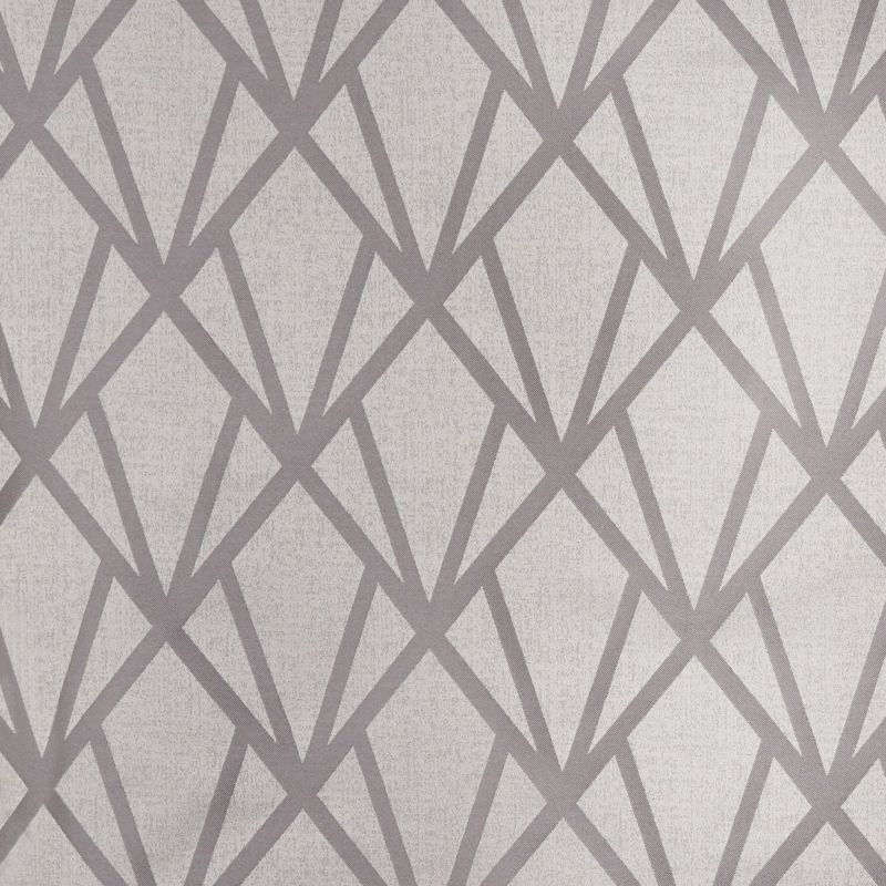 Textured wallpaper with overlapping angular taupe lattice lines repeating across a light gray surface, covering an interior wall in a close-up view under neutral lighting.