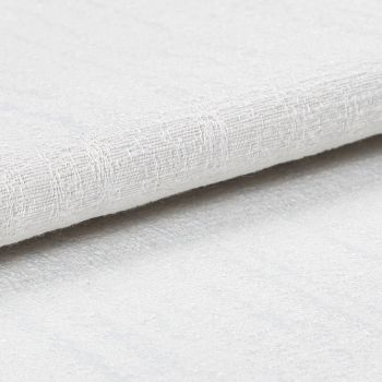 White textured fabric roll with coarse woven pattern; layered and slightly folded, resting overlapped on a matching textured surface in bright, diffuse studio lighting, close-up detail.