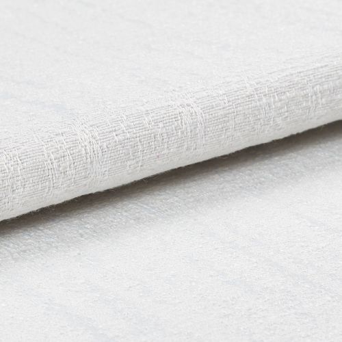 White textured fabric roll with coarse woven pattern; layered and slightly folded, resting overlapped on a matching textured surface in bright, diffuse studio lighting, close-up detail.