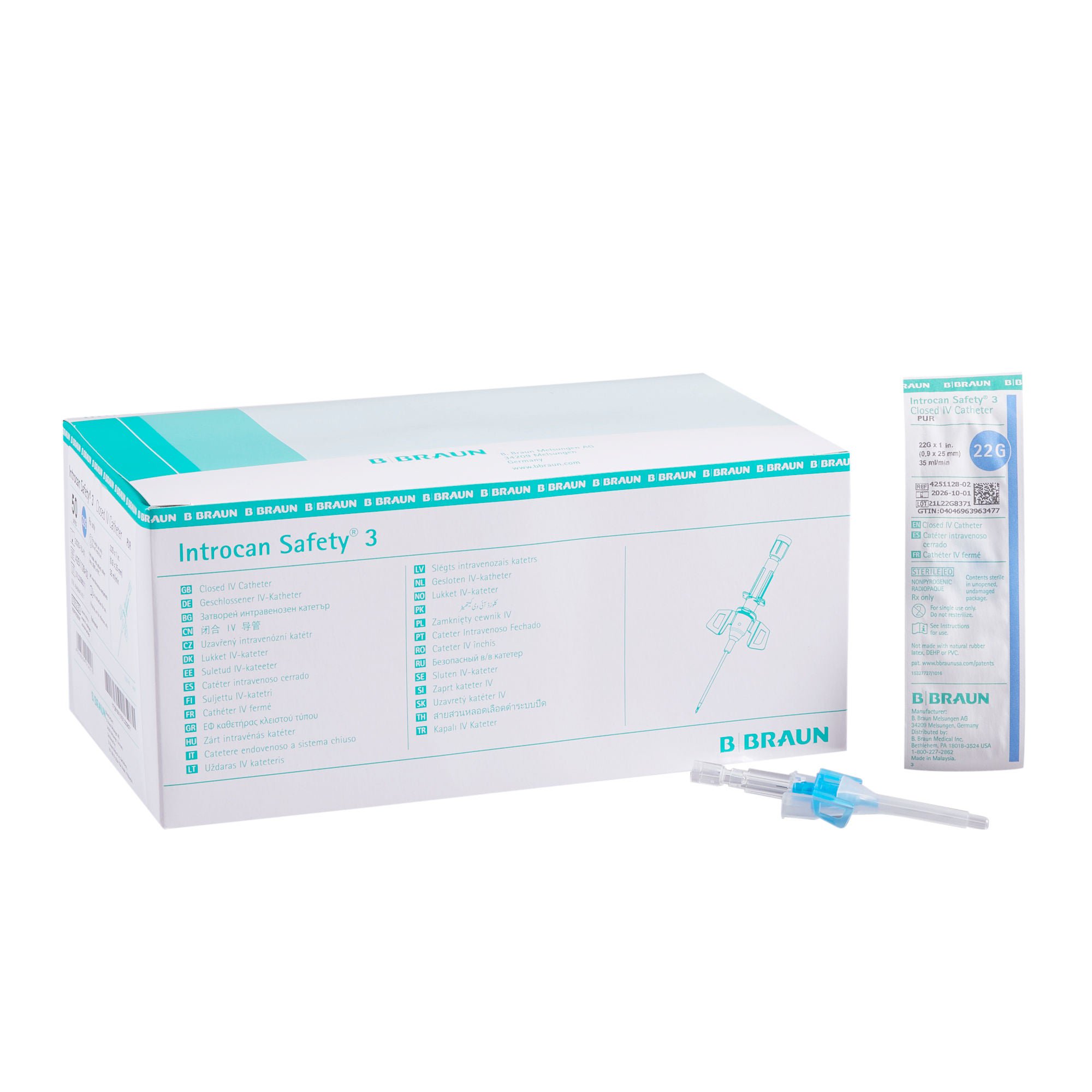 Introcan Safety® 3 Closed IV Catheter, 22 Gauge, Winged