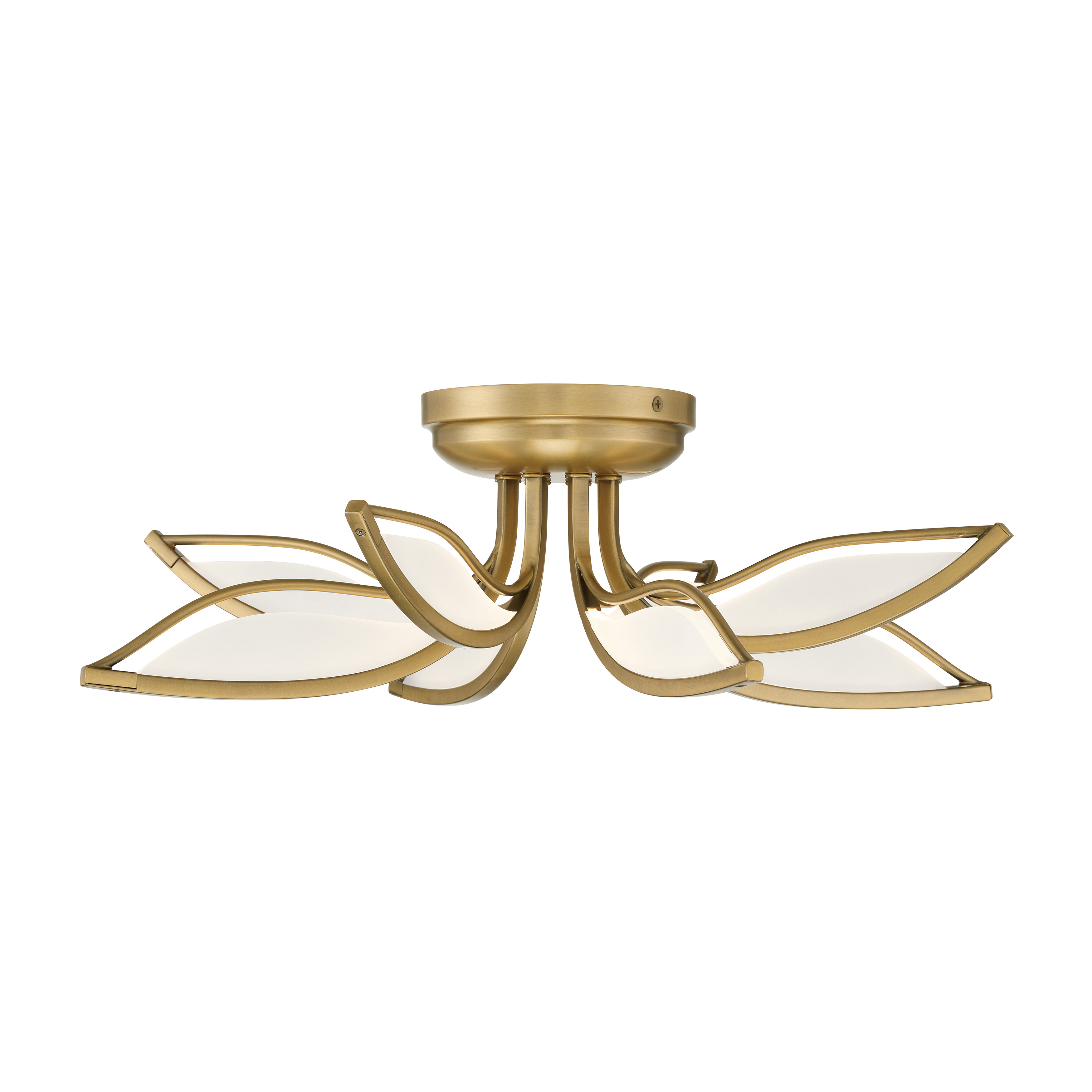The Papilio flush mount combines modern minimalism with warm metallic elegance. Its 21-inch profile delivers 2700 lumens of high-CRI LED light through a clean acrylic diffuser, perfect for low-ceiling spaces requiring both style and function. - alternate view
