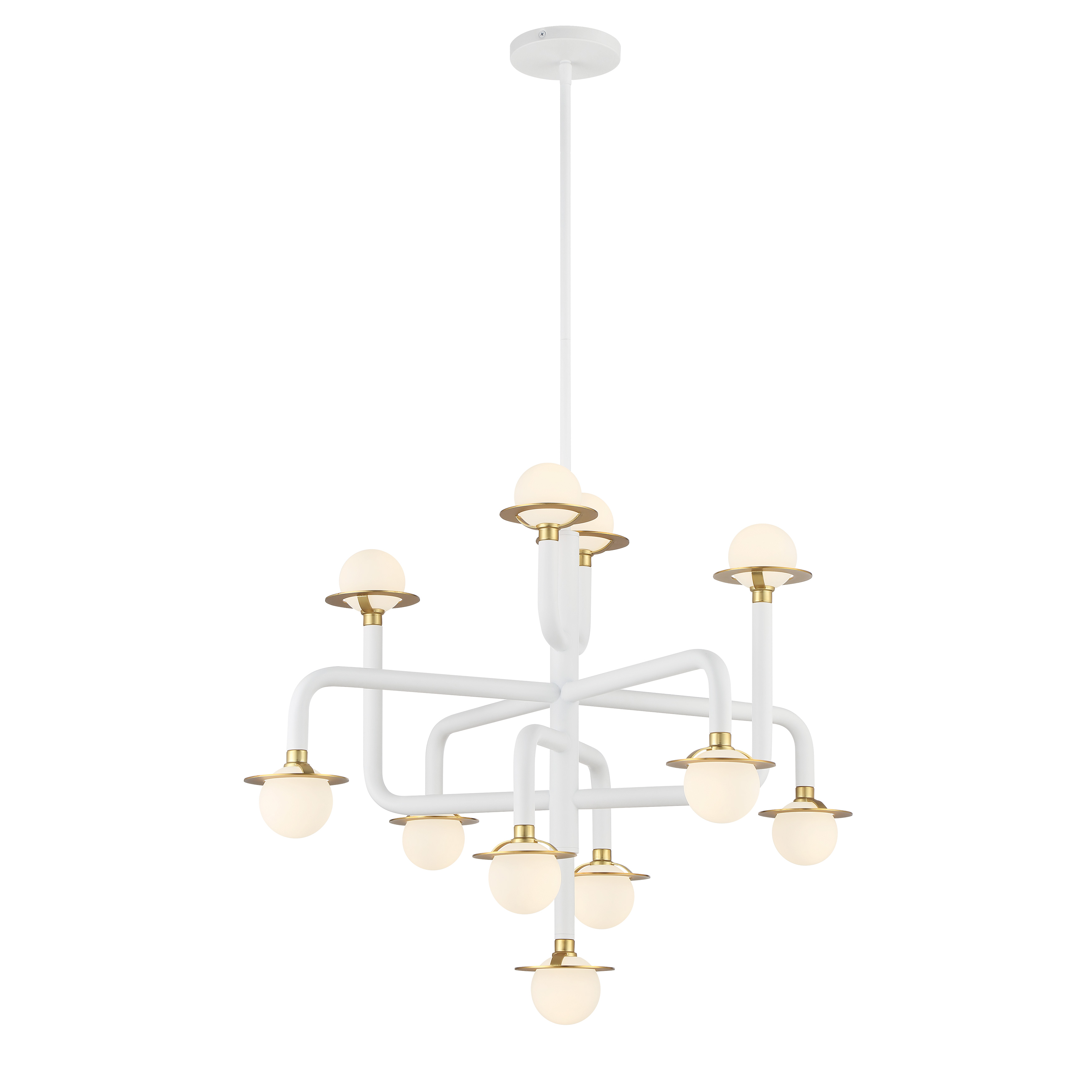 This 11-light chandelier combines clean modern lines with warm honey gold accents, creating a sophisticated focal point. The tubular glass shades and matte white finish offer contemporary elegance suitable for various interior styles. - alternate view