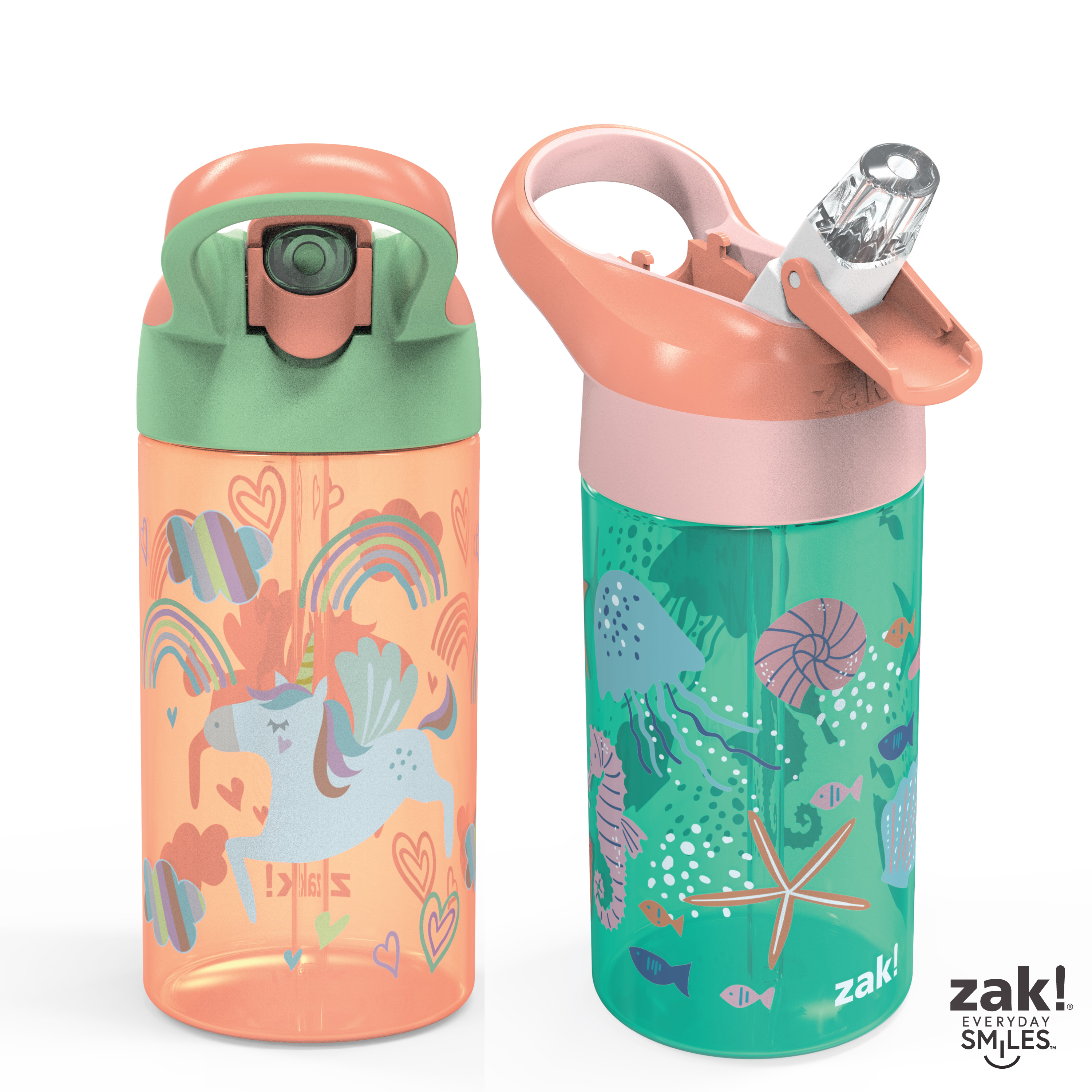 Zak Hydration 16 ounce Water Bottle, Unicorns and Seashells, 2-piece set slideshow image 3