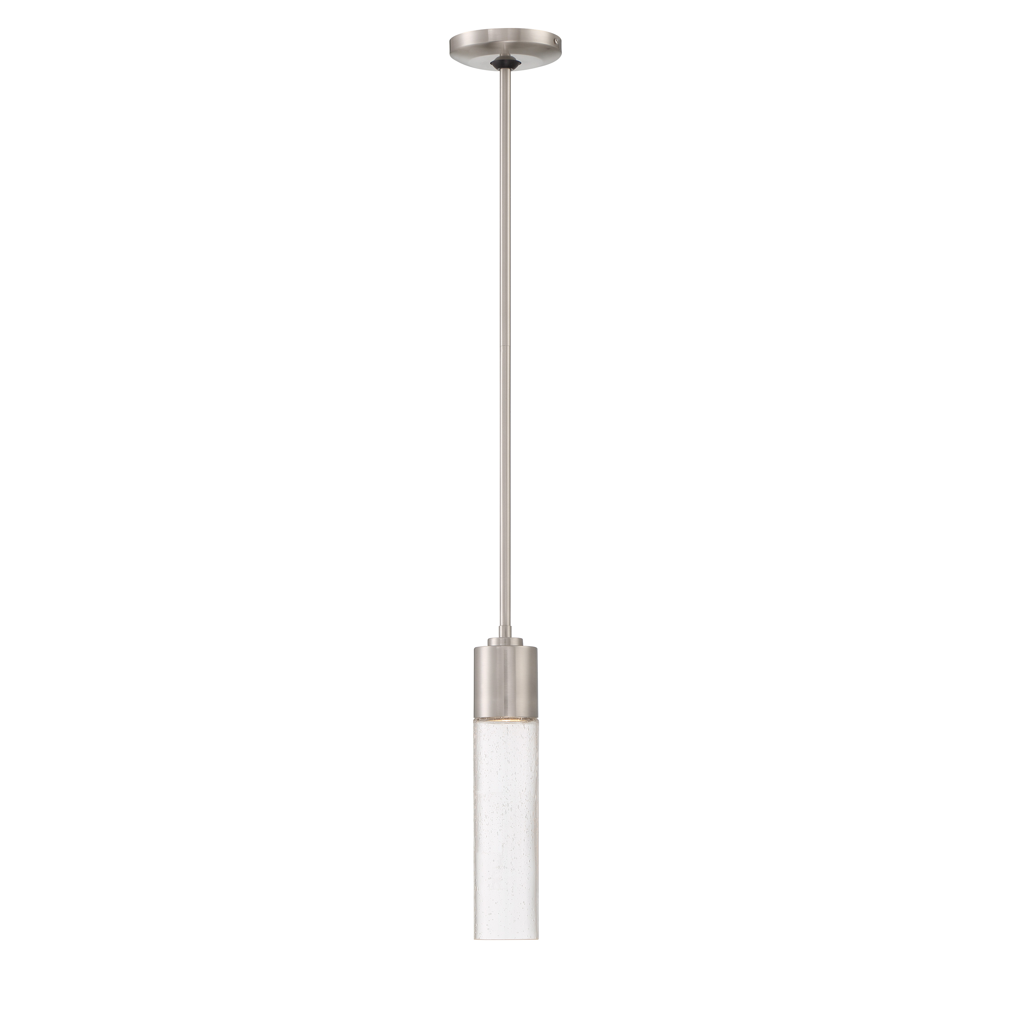 The Light Rain mini pendant combines brushed nickel hardware with clear seeded glass for a refined, contemporary look. Its compact 4.88-inch width makes it ideal for tight spaces, while the textured glass adds visual interest and soft light diffusion. - alternate view