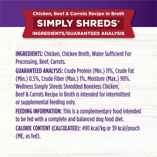 <p>Chicken, Chicken Broth, Water Sufficient For Processing, Beef, Carrots.</p>
