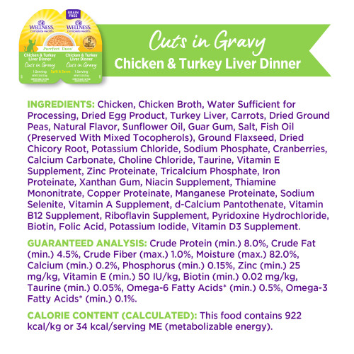 <p>Chicken, Chicken Broth, Water Sufficient for Processing, Dried Egg Product, Turkey Liver, Carrots, Dried Ground Peas, Natural Flavor, Sunflower Oil, Guar Gum, Salt, Fish Oil (Preserved With Mixed Tocopherols), Ground Flaxseed, Dried Chicory Root, Potassium Chloride, Sodium Phosphate, Cranberries, Calcium Carbonate, Choline Chloride, Taurine, Vitamin E Supplement, Zinc Proteinate, Tricalcium Phosphate, Iron Proteinate, Xanthan Gum, Niacin Supplement, Thiamine Mononitrate, Copper Proteinate, Manganese Proteinate, Sodium Selenite, Vitamin A Supplement, d-Calcium Pantothenate, Vitamin B12 Supplement, Riboflavin Supplement, Pyridoxine Hydrochloride, Biotin, Folic Acid, Potassium Iodide, Vitamin D3 Supplement.</p>
