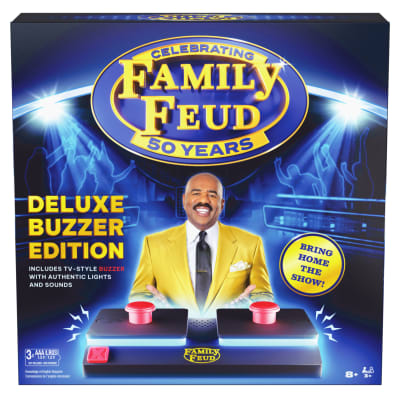 Spin Master Games, Family Feud: Deluxe Buzzer Edition, 50th Anniversary, Classic Survey Says Guessing Game for Family Game Night, Includes 2 Buzzers with Lights & Sounds, 3+ Players, for Ages 8 & Up