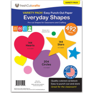 Punch Out Paper Cutouts, Everyday Shapes, Hearts, Stars & Circles, 492 Pieces