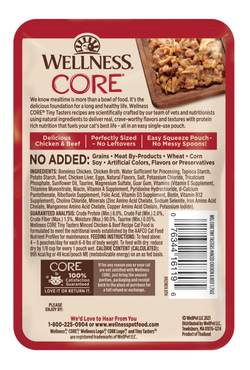 Wellness CORE Tiny Tasters Minced Chicken & Beef back packaging