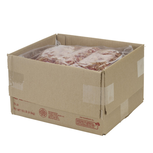 HORMEL(r) Bacon Topping, Extra Cooked, 1/2 inch, 2/5 lb . C1RM - Front Right Open Case (Hi Res)