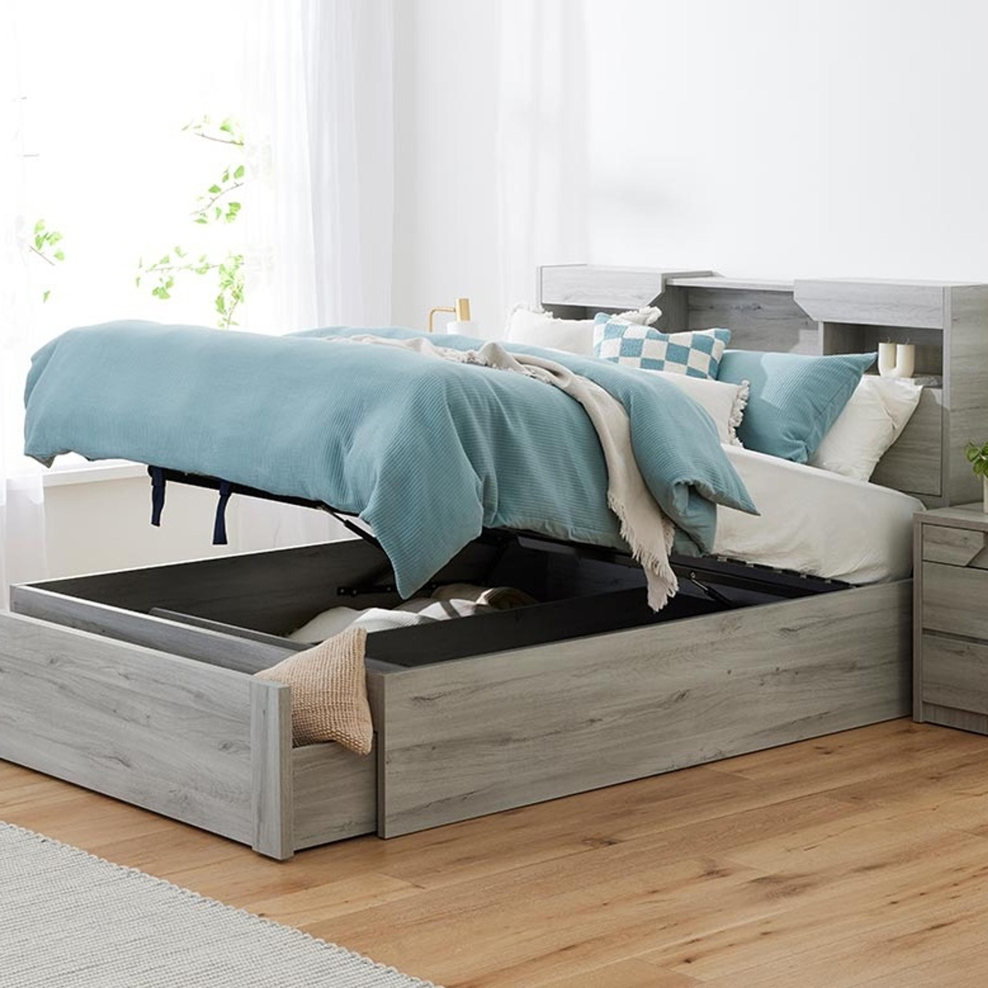 Lifestyle image of the  Sovereign Bed Frame, Gas Lift & End Drawer Base, Washed Grey from Forty Winks
