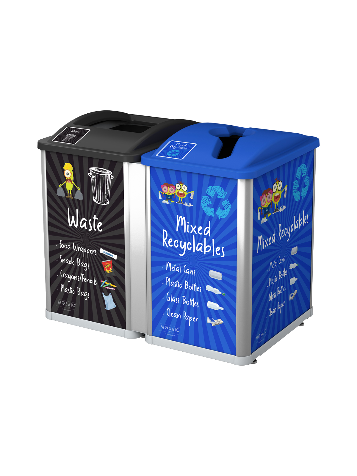MOSAIC – Double – Junior – Waste-Mixed Recyclables – Full-Mixed – Silver-Black-Blue