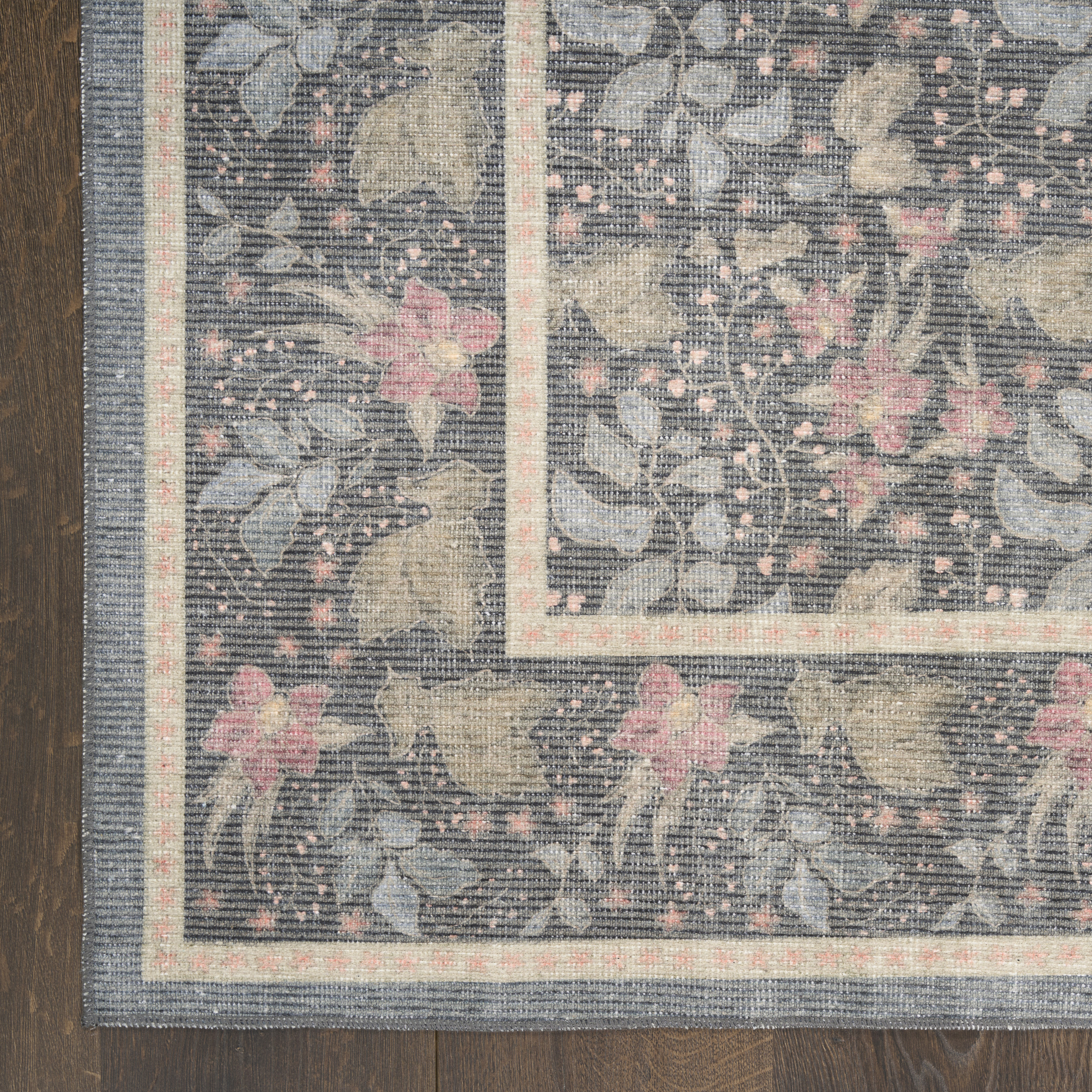 Nourison Botanical Washables 2' x 6' Charcoal Multicolor Farmhouse Indoor Rug